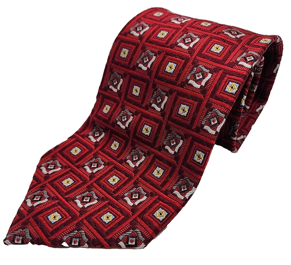 XMI Platinum Red Geometric Silk Necktie - Made in USA - Like New